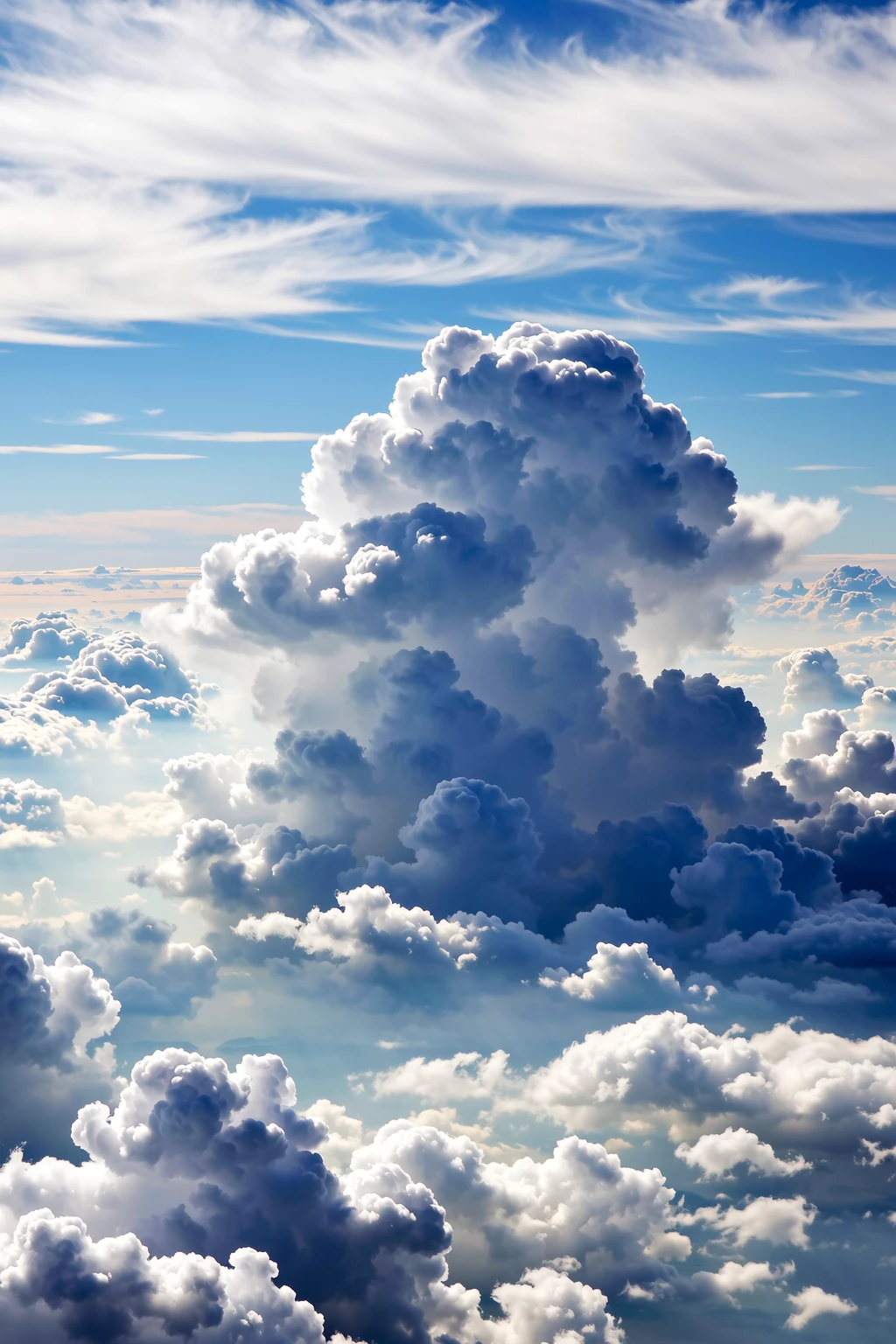 a wide-angle shot of a towering cumulus nimbus cloud against a vibrant blue sky, showcasing its immense size and dramatic presence