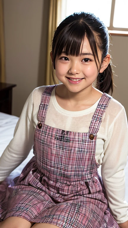 Japanese,6 years old,Baby Face、Ultra-flat chest、Ultra short height、An innocent smile、Flat Chestのクローズアップ、Flat Chest:1.85、cute,Primary school students,Pink  apron、So small and so young、On the bed:1.85、She gives me a good morning kiss:1.85、She spread her arms、Subjective