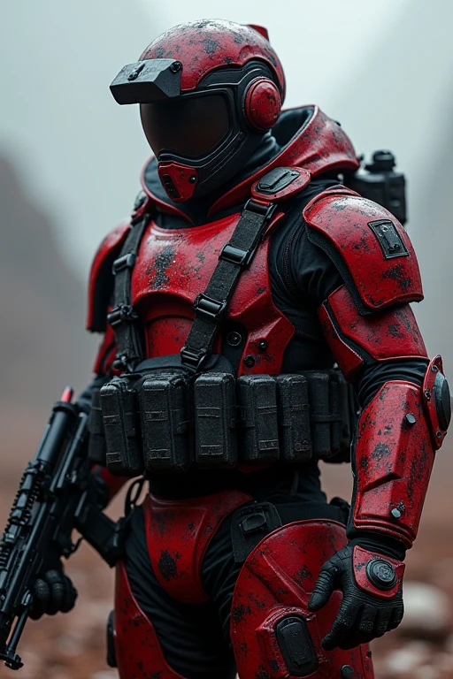 Soldiers in dark red military uniform wearing a futuristic helmet, military post in the middle of the steppe with some pine trees and a little drought, dark atmosphere