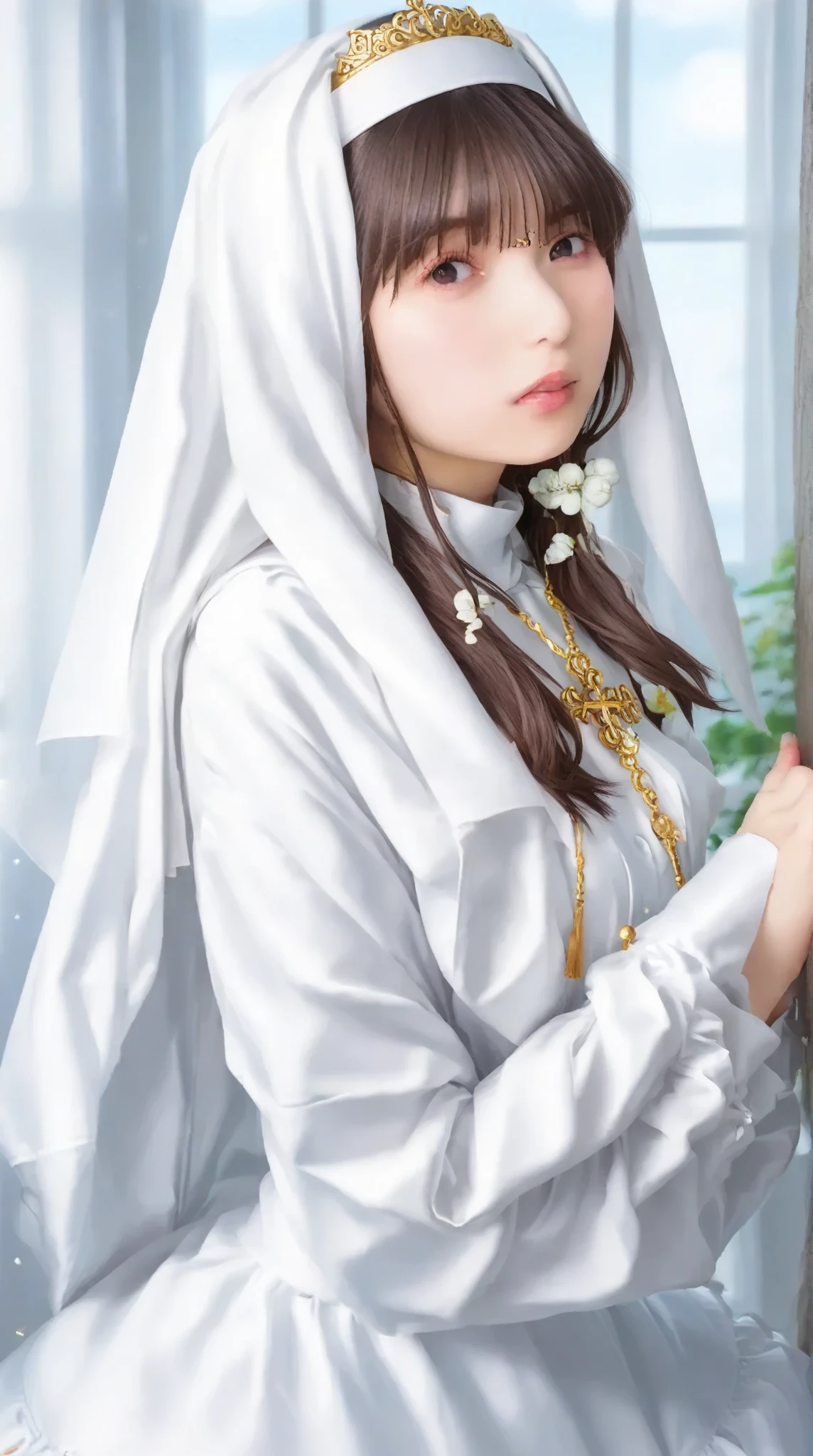 (:1.0),(:2.0),(A Ultra cute young Japanese nun:2.0),(she wearing a decorated with lace nun costume and scart slim fit:2.0),(beautiful detailed dropped eyes:2.0),beautiful detailed lips, (extremely detailed cute and beautiful face:2.0), longeyelashes, (slender woman body:1.5), (beautiful short hair:2.0), (natural makeup,big smile:1.5), incredibly beautiful skin,(professional lighting, bright lighting, photorealistic, 8k, high resolution, best quality, masterpiece, ultra-detailed:1.75), vivid colors, (Moonlit Night:1.5),(The moonlight shines on her face:1.2),(She is in the convent:1.2)