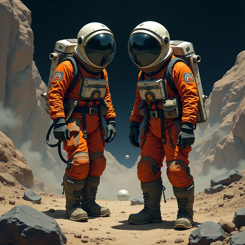 Create a painting of three astronauts collecting rocks and taking samples with advanced technological equipment on Mars at night. The environment should be very rocky, with an abundance of stones and various-sized rocks scattered around. The Martian landscape is illuminated by the faint light of distant stars and the astronauts' headlamps. The sky is dark, filled with stars, while the reddish hue of Mars' surface contrasts with the cold, dark night. The astronauts should be equipped with scientific tools and instruments, actively engaged in their work. Ensure the scene captures the rugged and barren nature of Mars, emphasizing the rocky terrain and the astronauts' detailed activities.