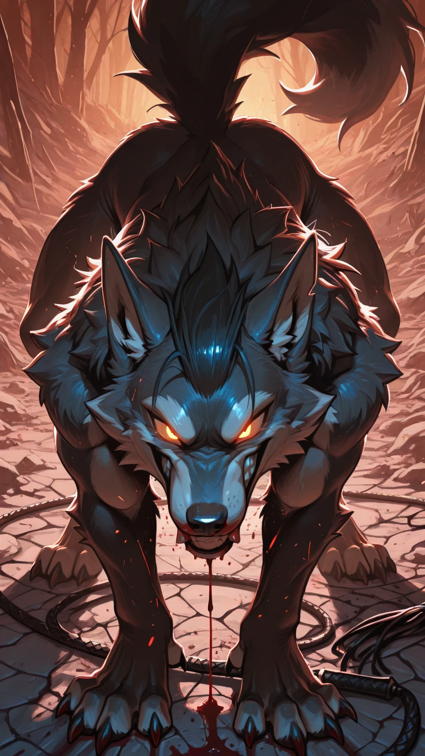 (best quality), (photorealistic:1.2), (masterpiece:1.3), (realistic detail:1.2), highest quality, ultra detailed, 8k, RAW photo, (mature male wolf:1.3), (extreme detail:1.3), (gray fur:1.2),  hair, long hair, white braided hair, (blood:1,6),(elderly:1.2), (emaciated:1.3), , (muscular:0.9), (battered body:1.4), bleeding, (heavily scarred:1.4), shackled, (chained:1.4), (dungeon:1.3), (:1.3), (extreme pain:1.5), (semiconscious:1.3), (lying on ground:1.3), (weak:1.4), (suffering:1.5), (dim lighting:1.2)