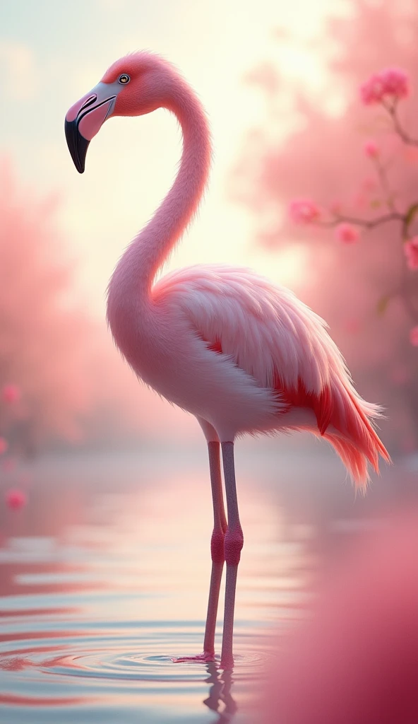 Draw an abstract painting of a flamingo.,Light-colored dandelion fluff、Aesthetic composition，simple style, Soft and warm brushstrokes、The main colors of the work are soft pastels.、When looking at this picture, you、interplay of color and texture、
