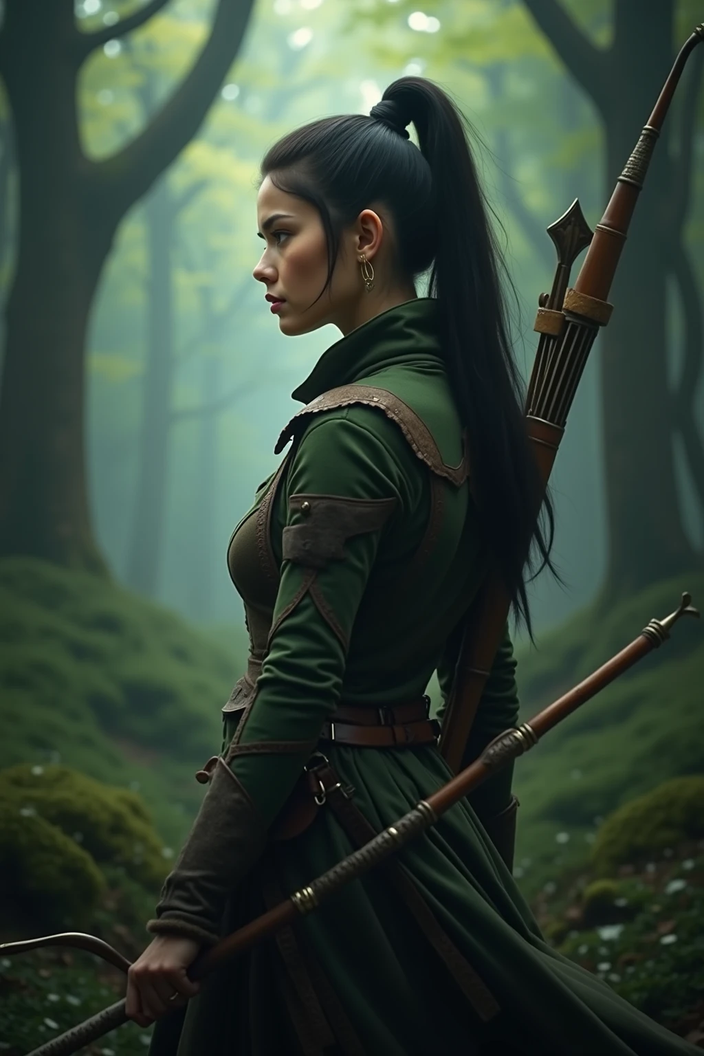 A heroic medieval female archer，and has a dainty black high ponytail，, her hair flutters lightly in the wind。She is wearing delicate leather light armor，Shattered green moss and fantastic lines，is carrying a long bow with a shimmer of light on her back。She is walking through the foggy ancient forest，Her eyes are sharp and focused，The light shines on her face through the layers of leaves，showing a cinematic Tyndall effect。