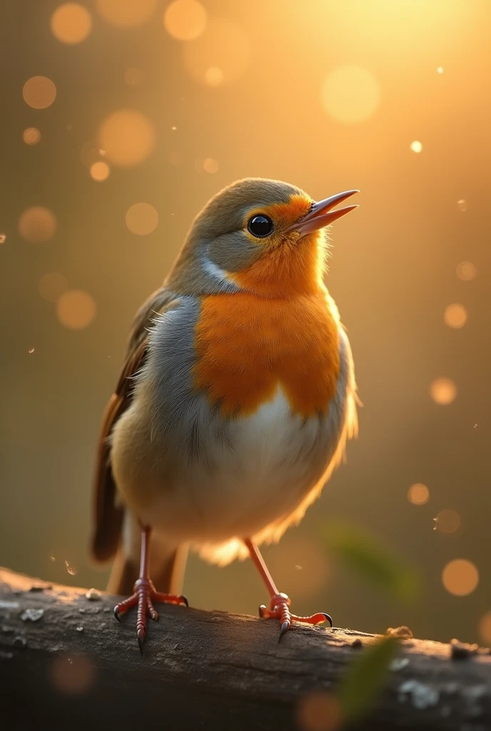 A charming close-up photo，shows a beautiful bird，illuminated by soft golden light on a quiet morning，with a bokeh ball gently framing its petite body
