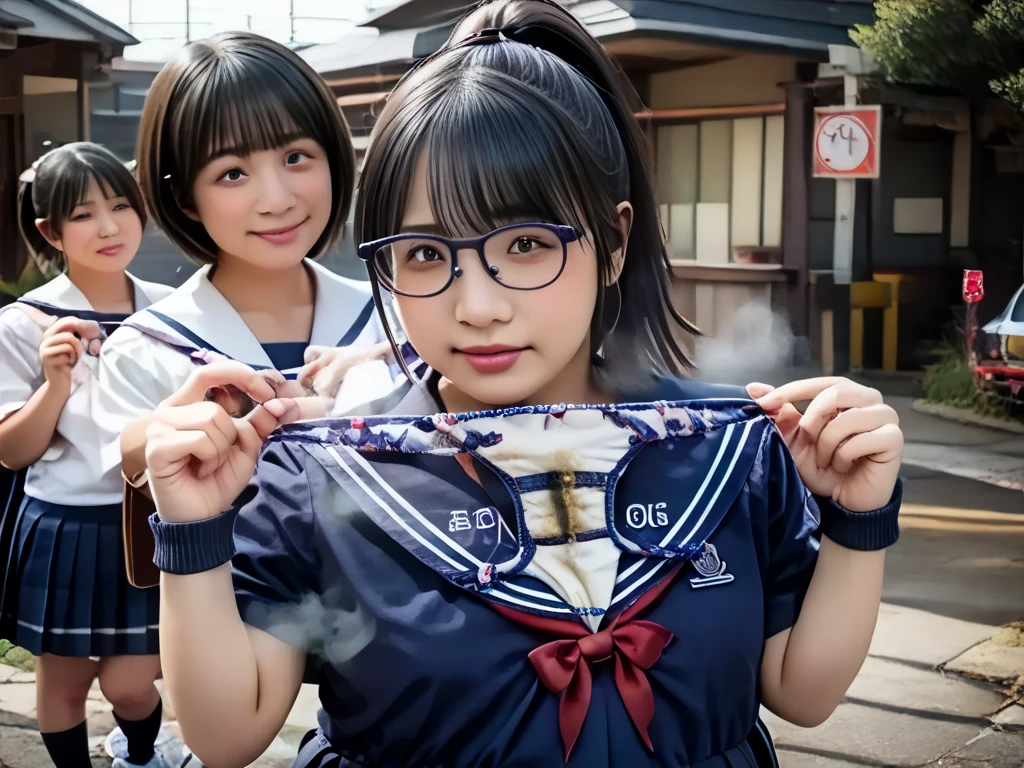 (Absurd:1.3),8K,(Detailed Photos:1.5),(Detailed face and skin:1.3),(Ultra-high resolution:1.5),(Realistic:1.5),Symmetrical clear eyes,Well-groomed face,(Ray Tracing:1.3) ,One girl, Japanese,high school girl,(wearing Japanese high school uniform:1.3),(Naval High School:1.3), break ( as a gift),(Detailed blue cotton :1.1),masterpiece, Highest quality, Very detailed,classroom,Black medium straight hair,Focus ,Cinema Lighting,(Blushing:1.3),( stains:1.4),Glasses,