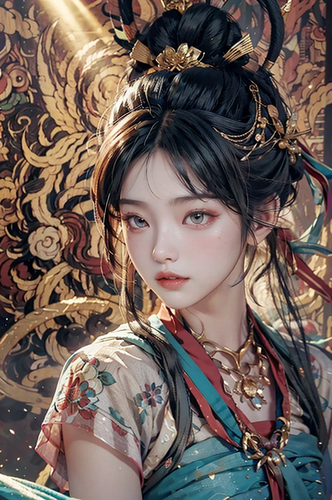 (RAW photo, best quality), (realistic, photo-realistic:1.3),best quality,highly detailed,masterpiece,ultra-detailed,illustration,1girl,upper_body,dynamic angle,world masterpiece theater,messy_long_hair,best quality,extremely detailed CG unity 8k wallpaper,ink,Amazing,cinematic lighting,lens_flare, dunhuang_style