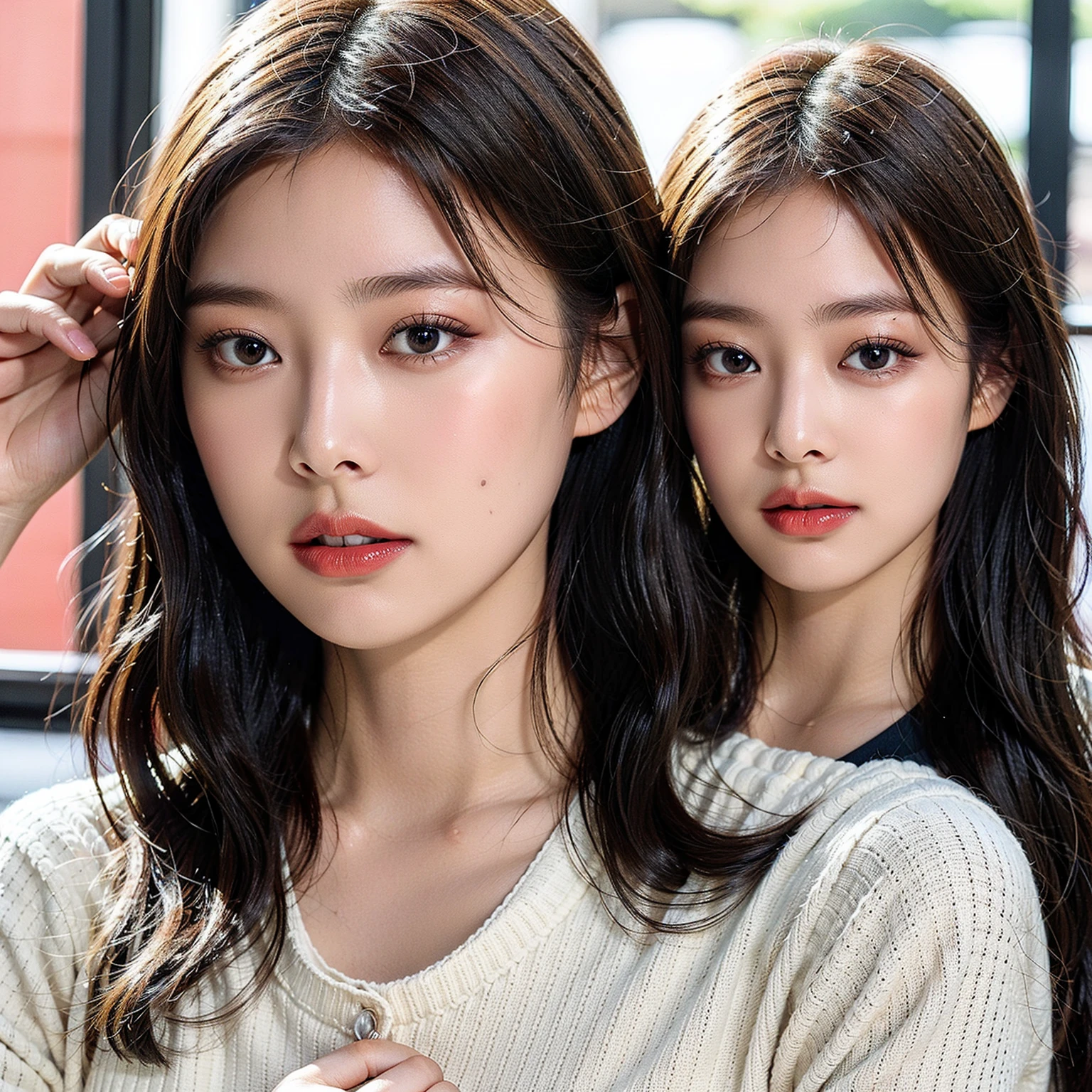 Korean Women、goddes、perfect bodies、The upper part of the body、Ball head、detailed skin texture and cloth texture、Detailed eye texture、detailed eyeball、long eyeslashes、Close up of thin eyelashes、二重まぶた、Light smile、length hair、Detailed hair texture 8K、top-quality、​masterpiece、超A high resolution:1.2、draped fabric、Beautiful female photos with elegant style as the theme、Woman with a round face like a kitten、sky-blue dress、Photo mode、 The upper part of the body、Soft fabric、Fine fabric texture、doress、fluent dress、Elegant dress、Elegant dress、wearing dresses、H-cup