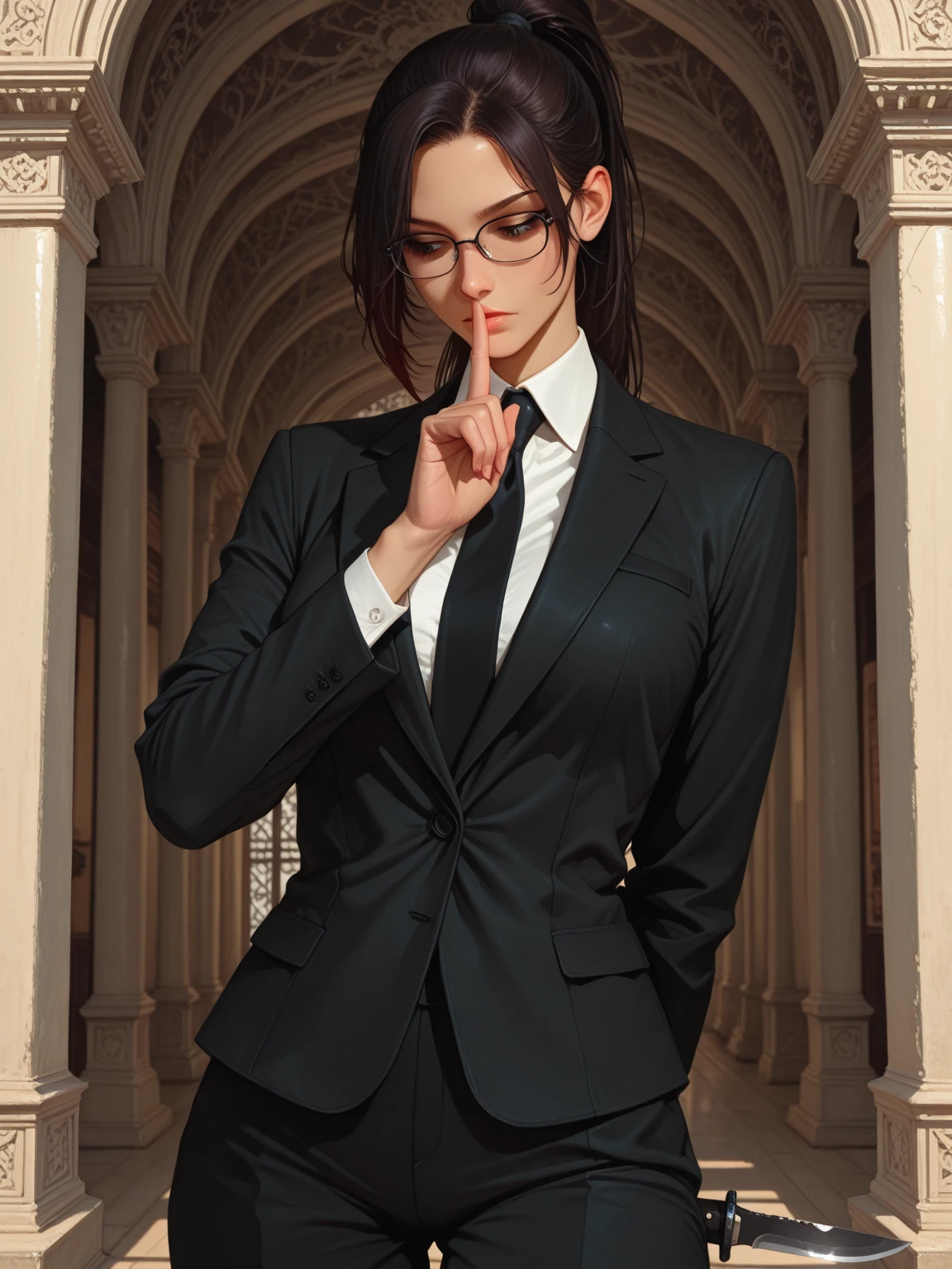 Ada Wong, RE4, asian facial features, almond-shaped eyes, bob cut hair, Black, straight hair, Fit thighs, double-breasted suits, 1girl, solo, glasses, formal, jewelry, suit, necktie, jacket, shirt, standing, window, jacket, shirt, skirt, pocket square, cufflinks, tie clip, tight clothing, formal clothing,, a slim waist and shaped thighs, fair skin