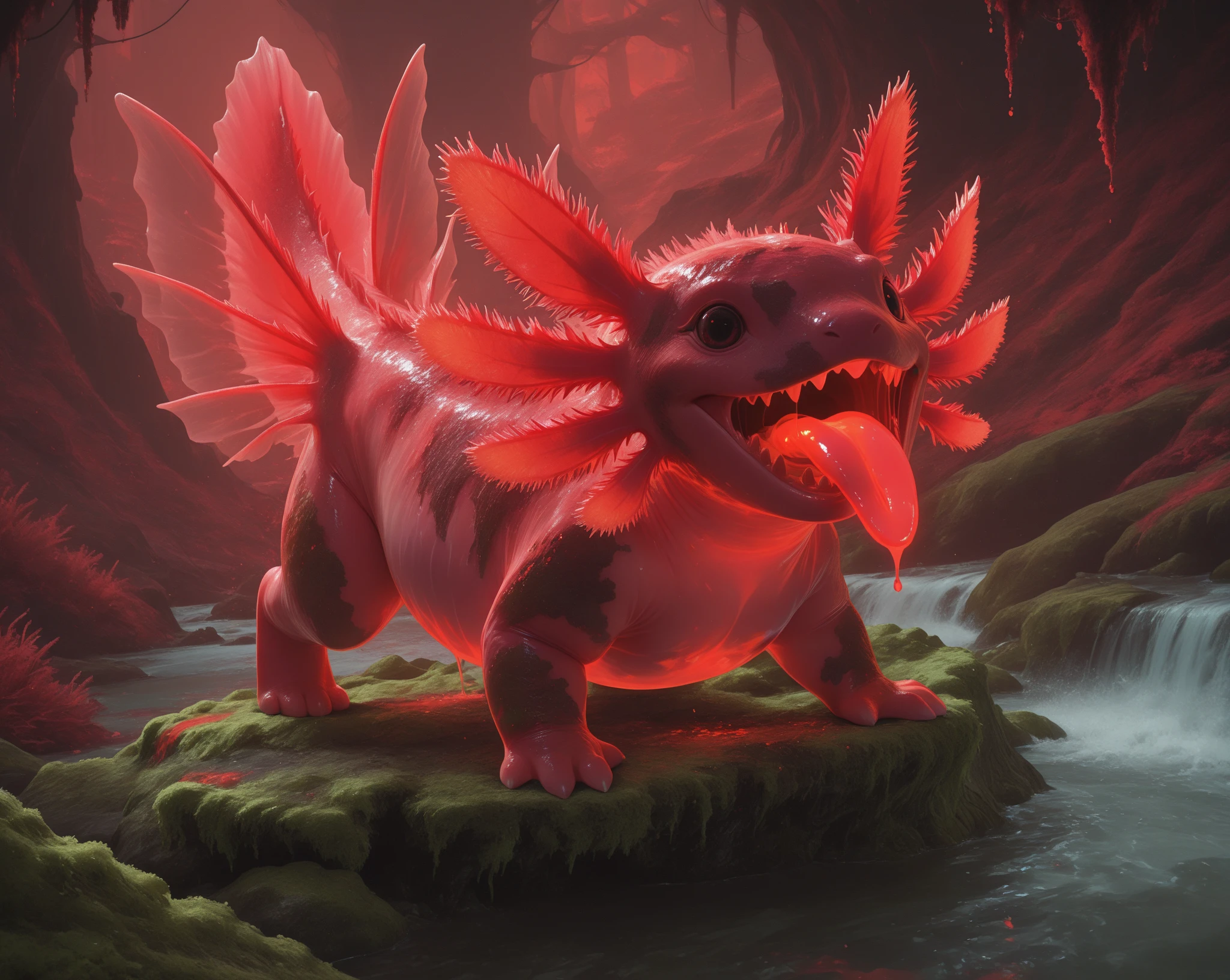 ultra-detailed, masterpiece, masterwork, high quality, best quality, hdr, (nature), , male, solo, dragon, chibi, (()), (little red body minotaur), (white body), (long golden hair, yellow eyes), standing, front view, from below, dynamic angle, (micropenis, , perfect , urinate, peeing), earrings