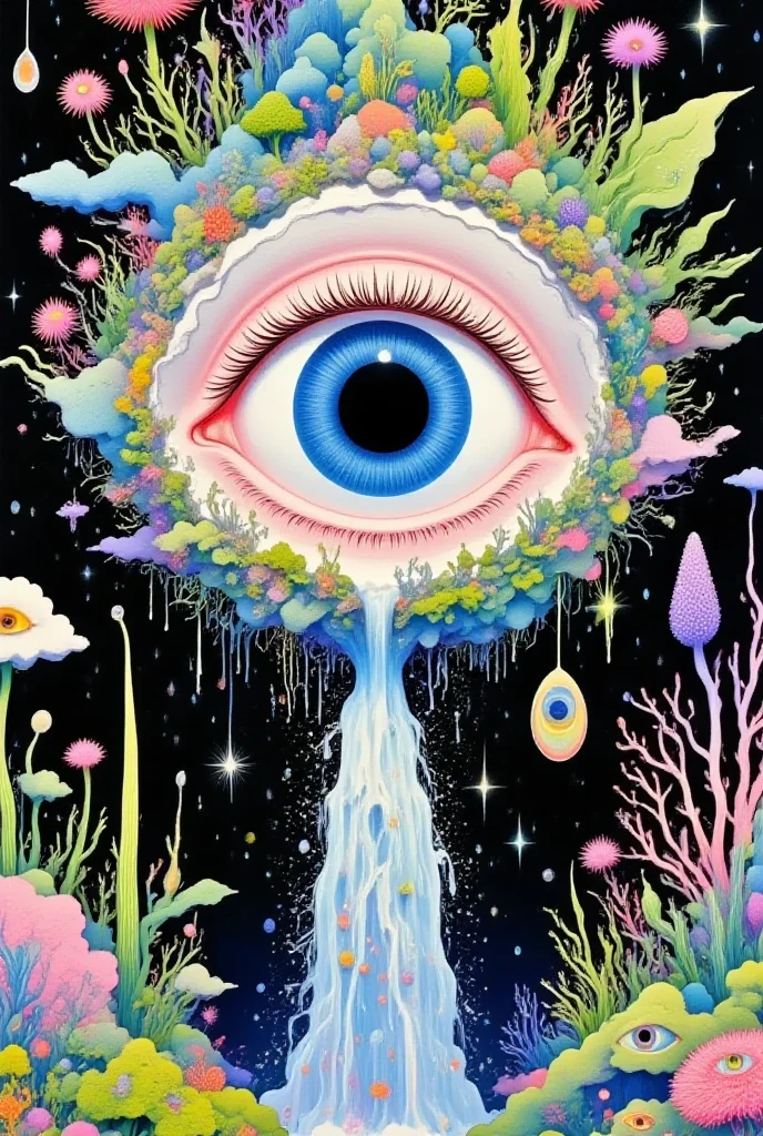 Strong visual fusion of multiple elements，Broto，来自Star的艺术家，house：1.37、Eye、Star、cloud、Spore powder、Tentacles，Describing the inner world of autistic people，密集Pointillism method。Smooth lines。Strange illustration。Pointillism method。Trypophobia。Strong contrast。Award-winning works。