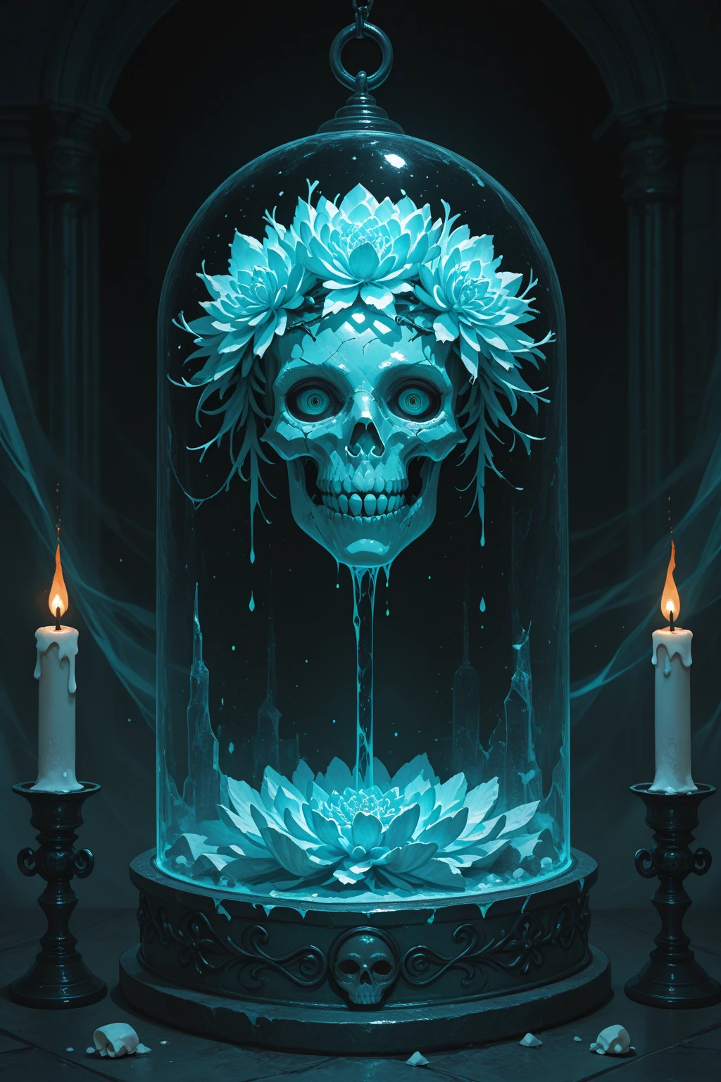 Painting of a woman holding a skull and glass ball, ghostly beautiful art, in pearl, high detail, realistic skin, James Jean and Vlop, Adrian Borda, Carole Buck and Peter Morbacher, complex heterochromatic sadness, James Jean and Peter Morbacher, James Jean and Andrei Ryabovichev, Jana Braik, skeletal girl, Bipple and Jeremiah Ketner