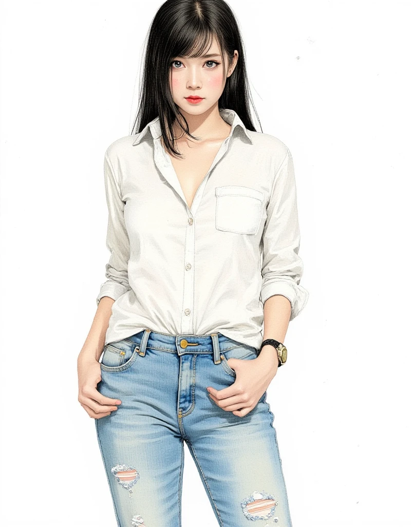 Detailed character list, Front view, side view, Diagonal view, with a white returnground, Show women, 30 years old, with short dark brown hair combed return, Wear light, casual clothing, wear tight jeans. Seats include different angles, Wait in front., return, and side views, Model Tables and Reference Tables, Full body painting. Scale based on 7.5-head scale.