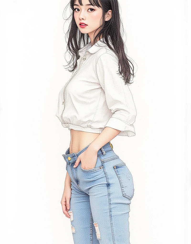 （Ultra-high resolution，RAW photogr，8K,k hd，Best quality，tmasterpiece:1.5），（Complicated details，realisticlying），1 very beautiful woman, age 22, 独奏, A high resolution, Extremely detailed face, (Professional lighting，bokeh），（light particules，lens flare glow，Luminous Particle：0.6），gentlesoftlighting，Trendy atmosphere，jpn，the street，Stylish short hair，bobo head， A brown-haired, Hair is delicate and soft，Fluttering, cparted lips, lipsticks,  smile, ssmile, Open-mouthed, teeth, There are small dimples，White swan neck，Shave your shoulders, Bigchest，（petite，Golden ratio figure），Wear one（blue gray）（tight-fitting，Wrap tightly around the body）Sweaters, (Wash blue）（Fashion jeans),（detailed outfits:1.5）， double eyelid，long eyelasher, birthmark, (Moles under eyes: 1), Big breasts Thin waist，Beautiful buttocks，The calves are well-proportioned, slenderness:1.2，A pair of small white and tender jade feet，Beautiful toes:1.5，Wear stylish sandals，（Coquettish and playful beautiful pose），Female-centered focus photography，The waist and crotch are the focus，Broad lighting，naturalshadow，wide wide shot，close focus，shooting full body:1.8,fully body photo:1.8