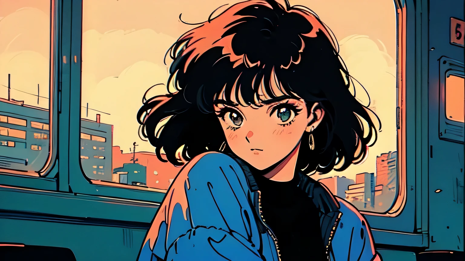 Flat-colored still of a photo of a full-body, high-resolution anime style of a rebellious teenage female punk rocker with short curly black hair, thin face, intense red lips, sleeveless black top, and tight black denim pants, inspired by the works of Yoshiaki Kawajiri, vibrant and edgy, with dramatic lighting and dynamic composition.,... anime girl from a 80s Anime portrayed by hajime sorayama, looking away from the viewer, solemn expression