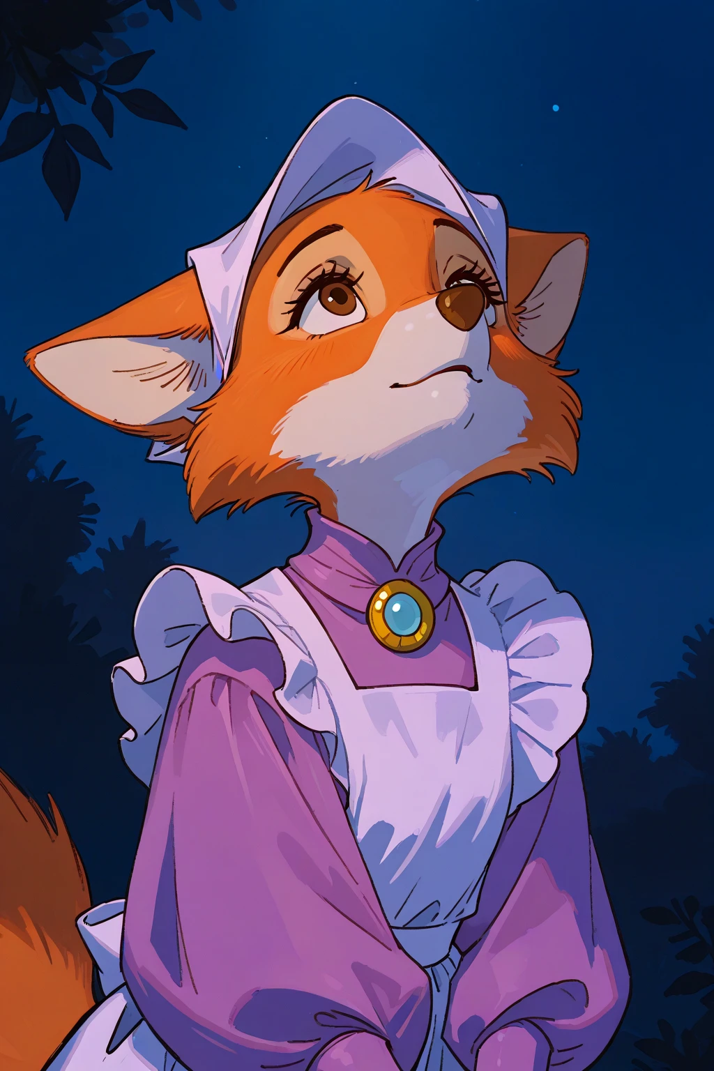 CARTOON_MaidMarian_ownwaifu,
1girl, furry, furry female, animal ears, black eyes, body fur, snout, two-tone fur, orange fur, animal nose, fangs,  tail,
dress, long sleeves, purple dress, veil, choker, jewelry, brooch, hood up, long dress, belt, gem, puffy sleeves,
((masterpiece)),((best quality)),(highres, absurdres), original, official_art, looking at viewer, solo, focused, outdoors, day, cowboy shot, 1girl,masterpiece, expensive quality, very_expensive_solve, big_file size, full color,(completely :1.2),,niplles,(:1.2),(