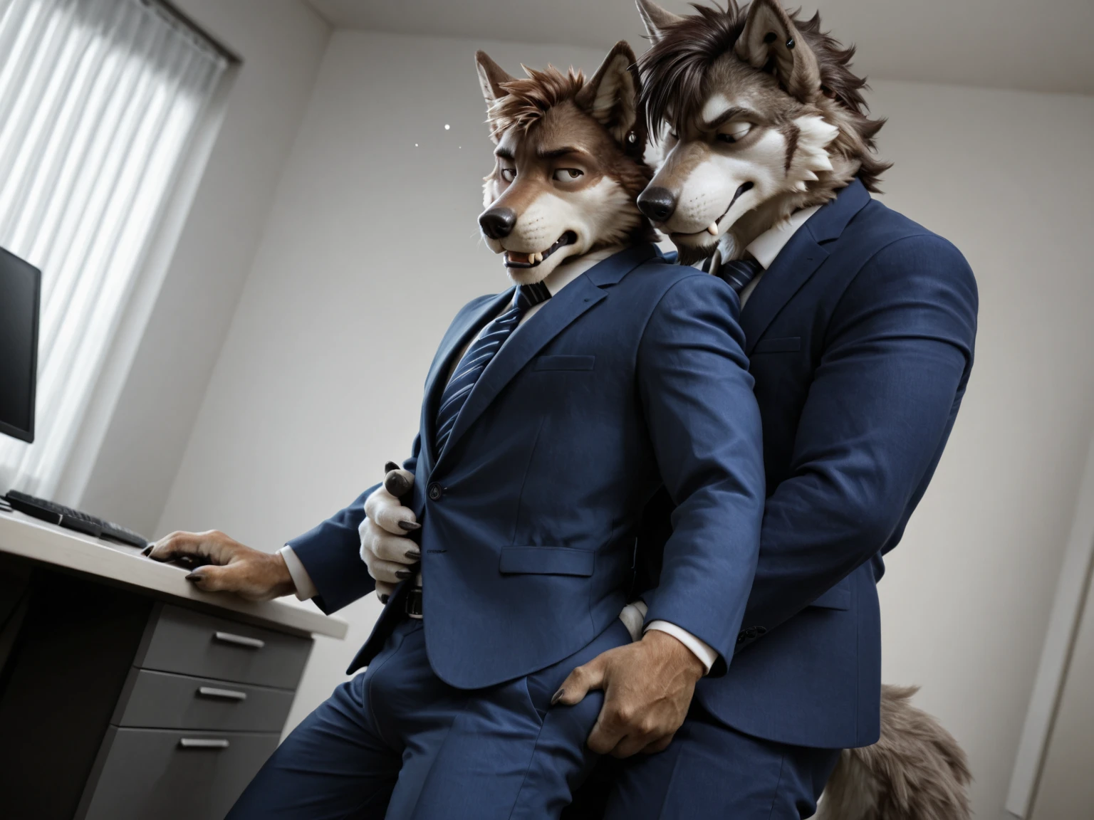 dad male corgi with small blue eyes, no eyebrows, office suit, white briefs ,white ankle socks , , highly detailed lineart, realistic feet, 4k, best quality, masterpiece,office, vivid colors, physically-based rendering, white hands five finger, hugging