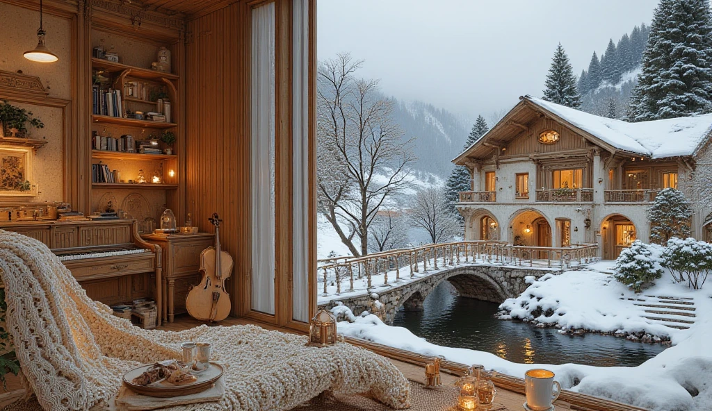 (((Different world interior scene，Balcony on the top of the mountain,)))，Snowy mountain tops，Blue flag，European style，White gauze curtains，beauty，Spectacular，majesty，luxurious，Ice cubes，Crystal clear，Glass，，Light，warmth，