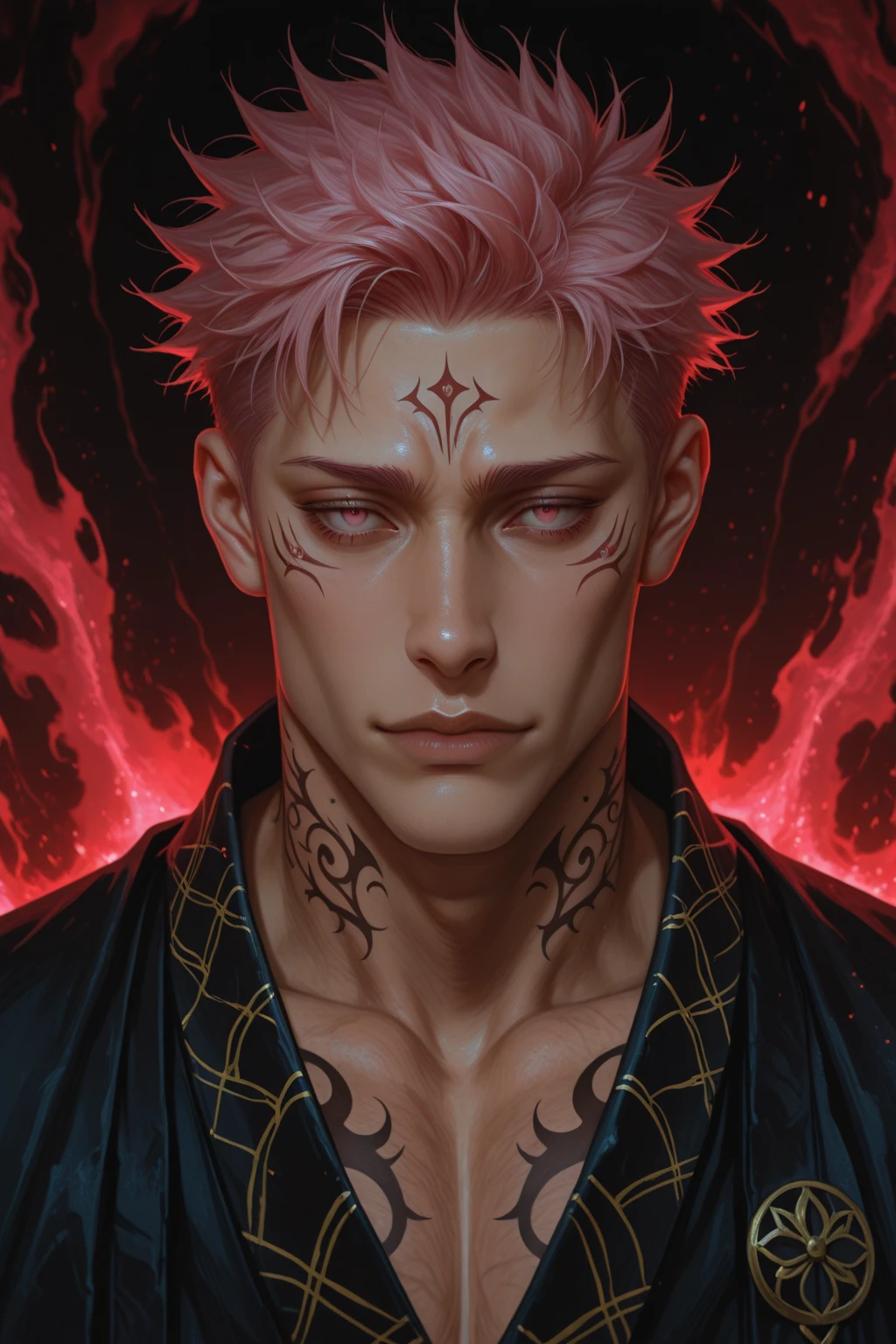 ((masutepiece: 1.4, Best Quality)), ((masutepiece, Best Quality,Delicate)), Very short blonde hair、Red Eyes,(1Man Youth:1.3), Delicate hair, real face, Suit,(hand on face:1.2),piercings, Night background