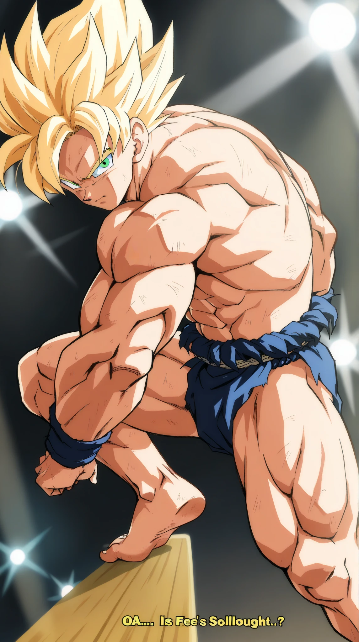 Anime-Stil , High quality full body image of Goku as a bodybuilder, ist'Ich trage nur einen  , ohne Schuhe, Feet,  Feet, massive muscular body, huge muscular shoulders, Massive big biceps, defined muscular chest, brustmuskeln, Venen im Bizeps, Muskelbeine, massive muscular abs, Bizepsflex. posierend, Sie schwitzt, very muscular, The toned body shines in the spotlight, he is standing on a stage, much muscular sexy, Bodybuilding-Pose, Back view, The strongest 