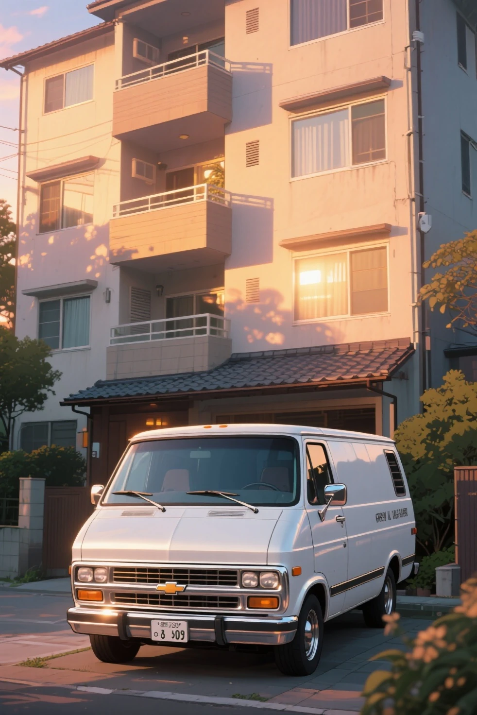 In front of the noodle shop, navy blue car in front.