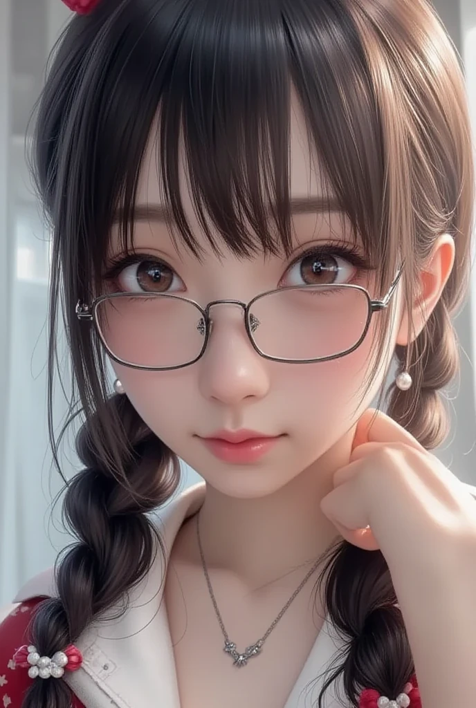 Highest quality, RAW Photos, Realistic, face, Incredibly beautiful girl, cute, length Hair,ponytail，Glasses，Written boundary depth, High resolution, 超detailed, detailed, Very detaileded, extremely detaileded eye and face, Sharp pupils, Realistic students, Sharp focus, Cinema Lighting, Japanese, Short Woman,  Physical build, Short arms, length, Narrow eyes, Fleeting atmosphere, 10 years old, Brown Bob Hair, ((thin唇)), White top and bottom , masterpiece, Highest quality, detailedな肌, detailedなface, fine grain, 8K, Excellent , Upper body portrait，flat , small , small,( small : 1.2), small , (slim, small, flat, small), thin, Delicate and  collarbone, One Girl, (beautiful girl, Delicate girl:1.3), (10 years old:1.3),
