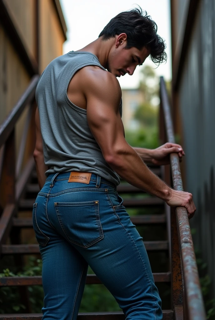 handsome mature man in his 50s,white man with a tanned complexion,(well-defined pecs and arm muscles),full body,  hair styled into a neatly groomed beard,(intelligent and alluring eyes),a captivating, symmetric face with strong and defined  features,a confident smirk on his lips,giving off an air of wisdom and rugged charm,beefy build that emanates strength and vitality. ((Full body)), ((())) (((black jeans))) (((Big butt))) (((backside)))  (((manly))) 