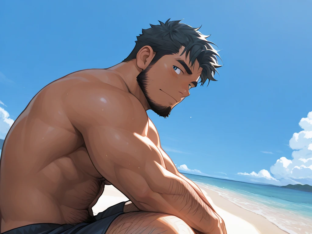 men, muscular young man in string , large lump, big chest, trasero grande, en la playa 