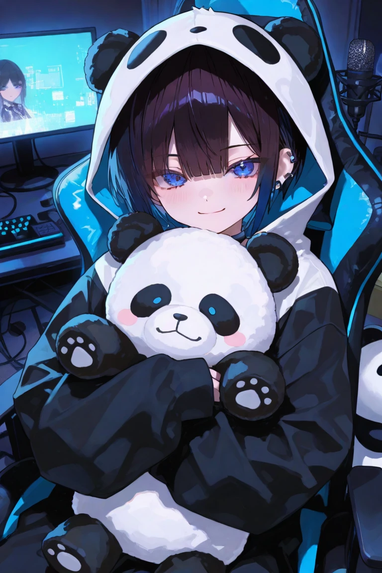 (panda kigurumi:1.2), (White and black hair:1.4), ((Front button, Cute and cozy):1.5), ((Short sleeves, mittens with footprints):1.2), (hood with ears and eyes:1.3), (Nose and Mouth:1.3),