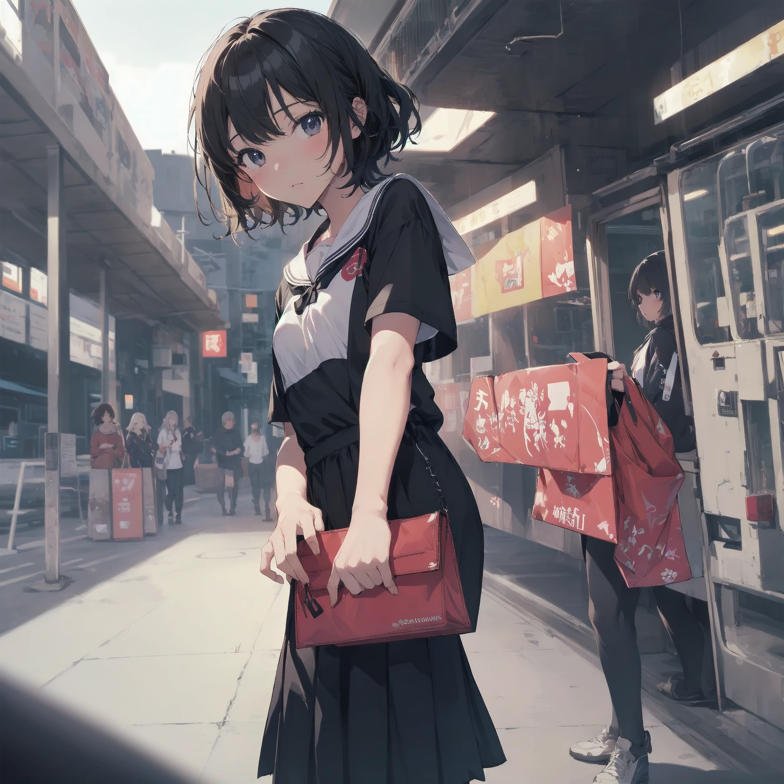 ((city background)),original,(illustration:1.1),(best quality),(masterpiece:1.1),(extremely detailed CG unity 8k wallpaper:1.1), (colorful:0.9),(mid shot:0.95),(highly detailed beautiful face and body),(solo:1.2), (girl),(), (detailed beautiful eyes:1.15), (beautiful face:1.15), (glowing red eyes:1.25////),((jewel-like eyes)),(petite),(cute girl),(((black medium hair))),pink inner color,((blunt bangs,)),(+perfect hand+:1.21),(Religious),(slender),(black clothes),small ,,slim body,(smile),fashion,tokyo,harajuku,(black school uniform),