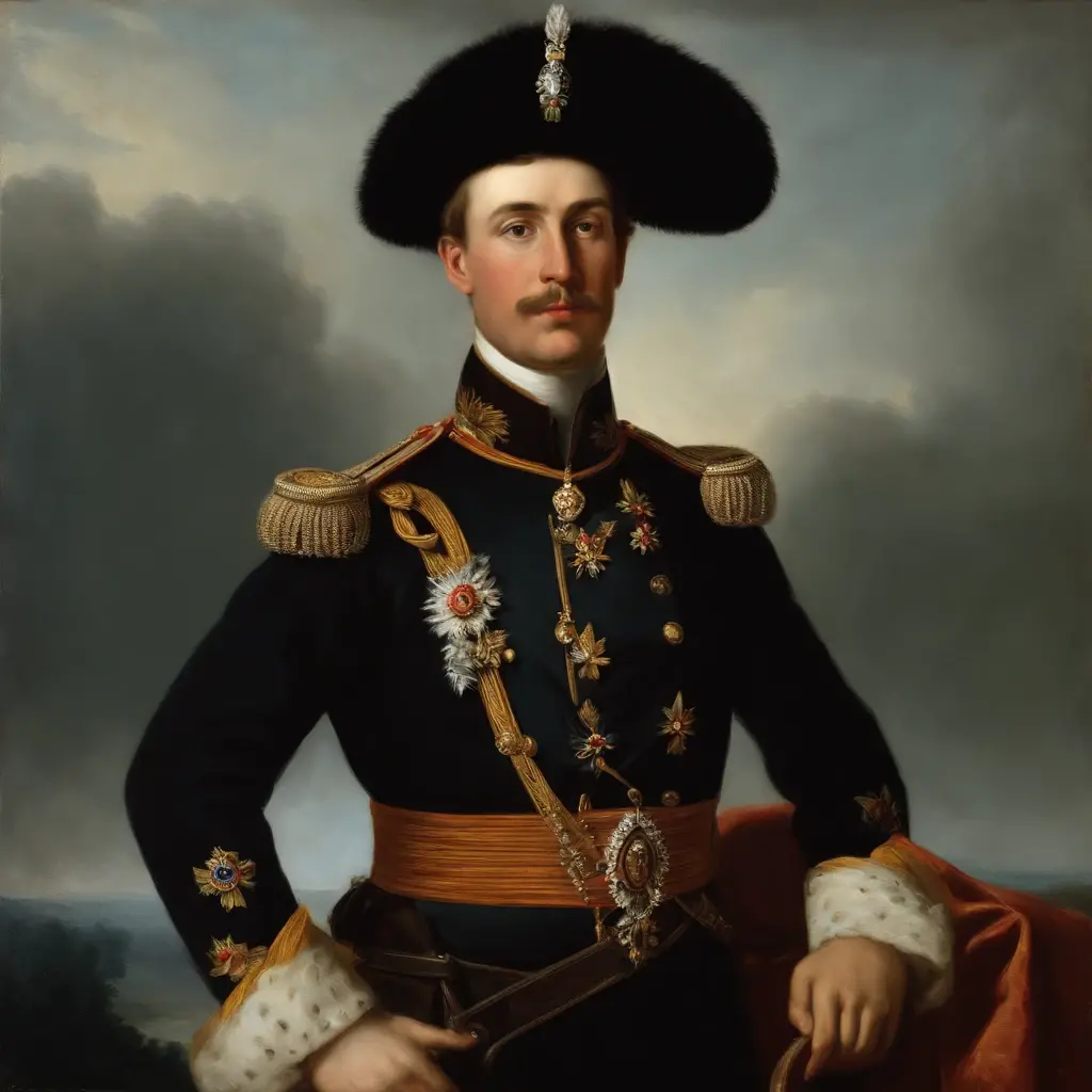 um close up de uma pintura de um homem com uniforme militar, Grand Emperor of the Russian Empire, Majestade em roupas nobres, imperial russia, french emperor, Biedermeier, Retrato de um duque da era vitoriana, 🌻🎹🎼, de Francisco de Holanda, Pedro , the Great of Russia, Pintura retrato real, Jovem czar, portrait of a mid 1 9 th century