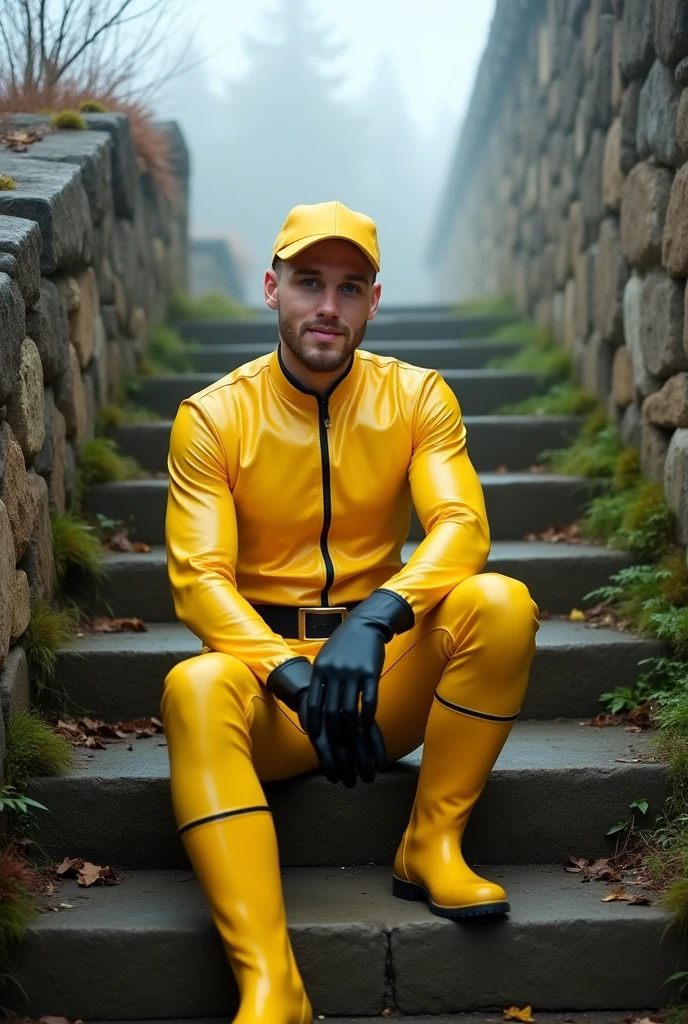 A high school Boy wears tight yellow  catsuit and The  is raised