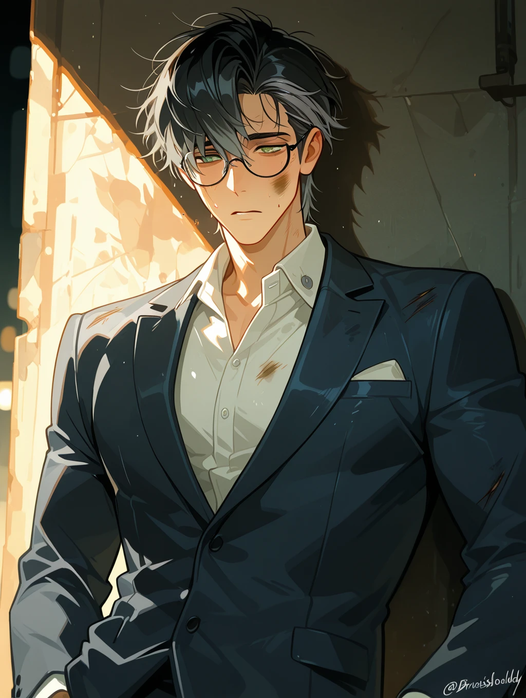 1male, black hair, dark skinned man, very dark skin, brown eyes, black hair, muscular body, cool clothes, casual pose, glasses, mature face, ikemen, smile, kitchen background, 4k, high resolution, rim lighting
