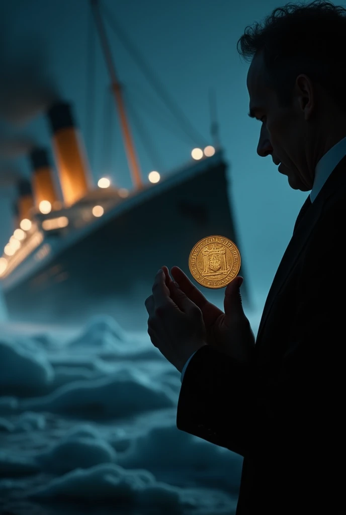 A surreal, highly detailed digital painting divided into two contrasting halves, day and night. In the center stands a middle-aged man in his late 30s, wearing a black 19th-century suit, holding a golden  filled with treasure. His face is split between gold and shadow, symbolizing inner conflict and guilt. Behind him, two different worlds:

On the left side, under a glowing full moon, a calm, serene woman stands near an old wooden house, surrounded by trees and a small sailing boat by the river. The atmosphere is peaceful and dreamlike.

On the right side, under a red glowing crescent half moon, stands a fancier house surrounded by piles of treasure and gold, some stained with blood. A large 19th-century cargo ship.

Money bags, ancient statues, birds, and symbolic objects float around the scene, suggesting wealth, regret, duality, and the cost of ambition. The style is cinematic, hyper-detailed, with dramatic lighting, golden-red tones on the right, and cold blue on the left. The image should evoke emotion, tension, and mystery.