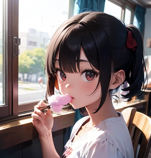 konosubaMegumin, Megumin, short hair, Black Hair, (Red eyes:1.3), short hair with long locks,happy smile, smile, Open your mouth,Tank top shirt with open mouth,Shorts,barefoot,barefoot,Holding and eating ice cream with right hand,Sitting on the sofa,whole bodyがイラストに入るように,morning,morning陽,The sun is rising,
break indoor, room,
break looking at viewer,whole body, (Cowboy Shot:1. 5)
break (masterpiece:1.2), Highest quality, High resolution, unity 8k wallpaper, (figure:0.8), (Beautiful attention to detail:1.6), Highly detailed face, Perfect lighting, Highly detailed CG, (Perfect hands, Perfect ),