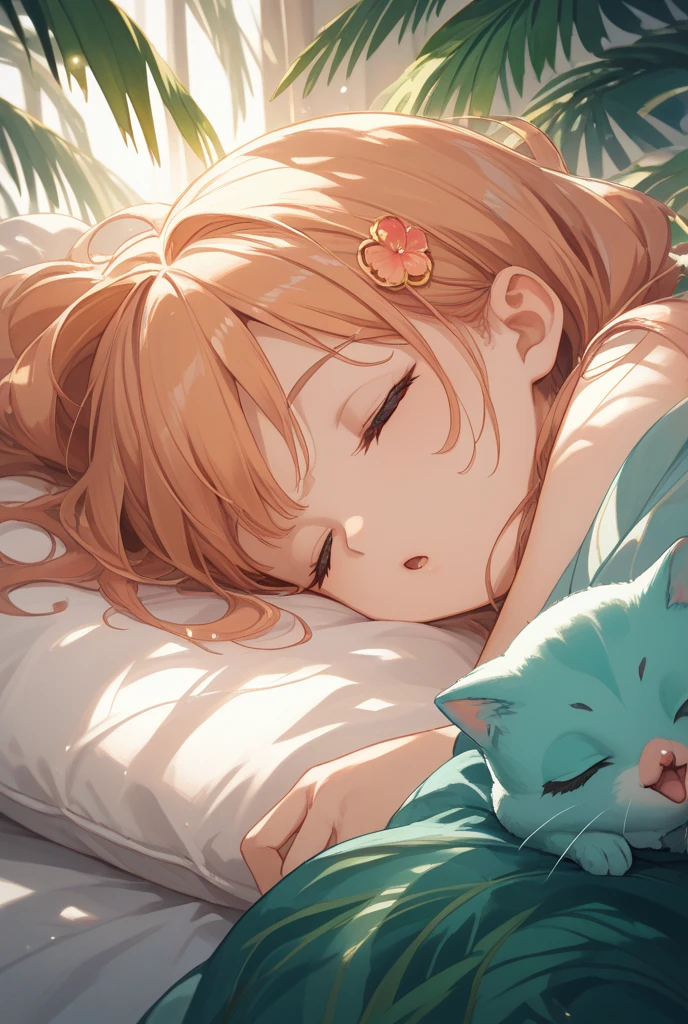 Japanese animation style、Digitally created illustration of an adult elf woman eyes closed on a sofa in a sunny coffee shop、She is wearing a frilly silk dress、 pet Shiba Inu、The Shiba Inu needs to sleep curled up next to her.、Relaxed facial expression、Long, loosely wavy blonde hair、Dappled sunlight coming through the window、The soft morning light shines in、Calm atmosphere、Detailed and clear drawing、Warm and gentle colors、Drawing from a top-down perspective