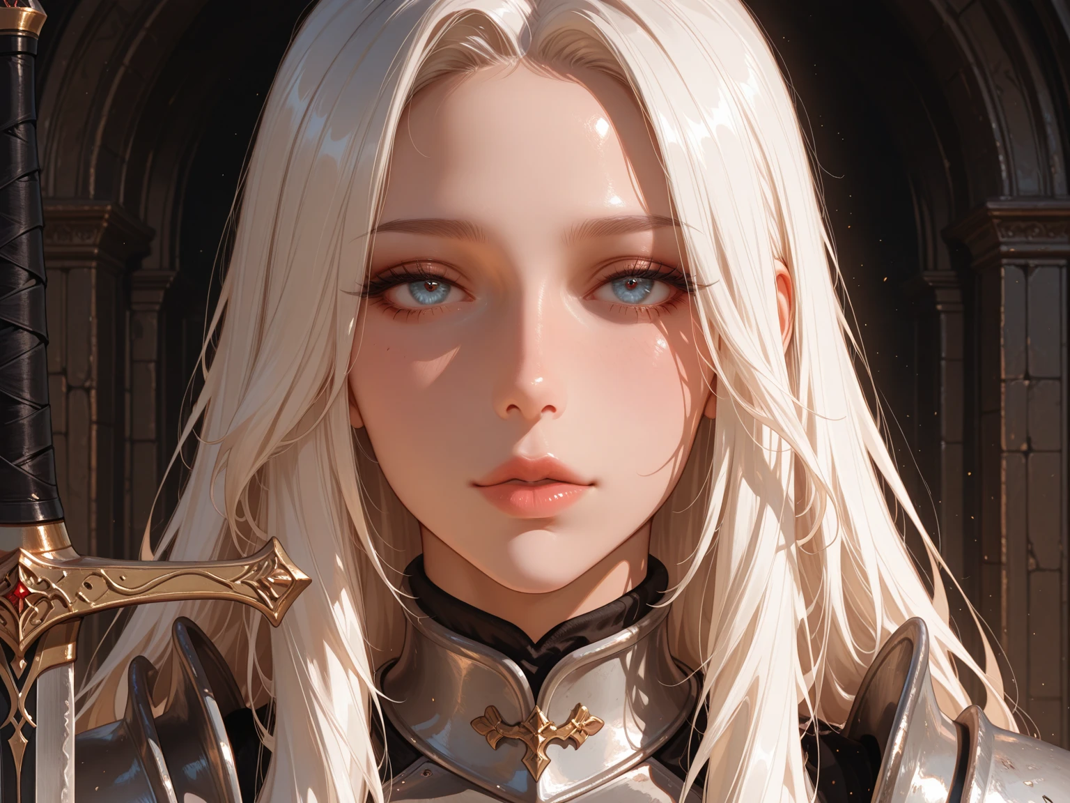 Stunning photorealistic portrait oil painting of 1 beautiful cyberpunk girl, albino, white shapeless cyberpunk hair, ((white eyebrows)), baroque intricate cyber armor, solo, hyperdetailed painting, luminism, Bar lighting, complex, 4k resolution concept art portrait by Greg Rutkowski, Artgerm, WLOP, Alphonse Mucha, realistic fantasy, fractal isometrics details bioluminescence, beautiful awesome, intricately detailed, cinematic, trending on artstation | Isometric | Centered hypereallistic cover photo awesome full color, dark, gritty, realistic, Alphonse Mucha, Gustav Klimt, ((chiaroscuro oil painting gradient background))