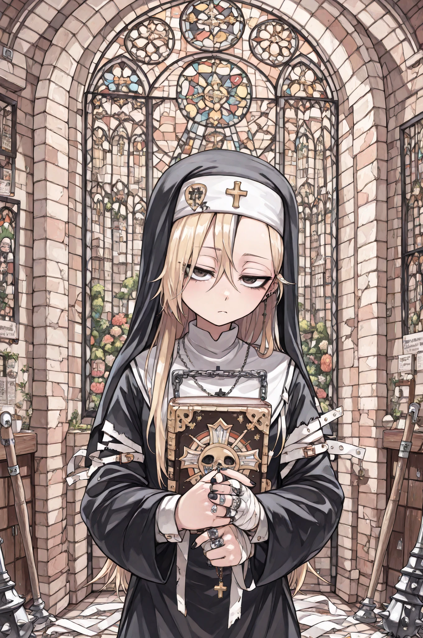 (masterpiece, top quality, best quality), pixel,pixel art,A nun,church,thickbody,blue and white cloth,sit on chair,fullbody