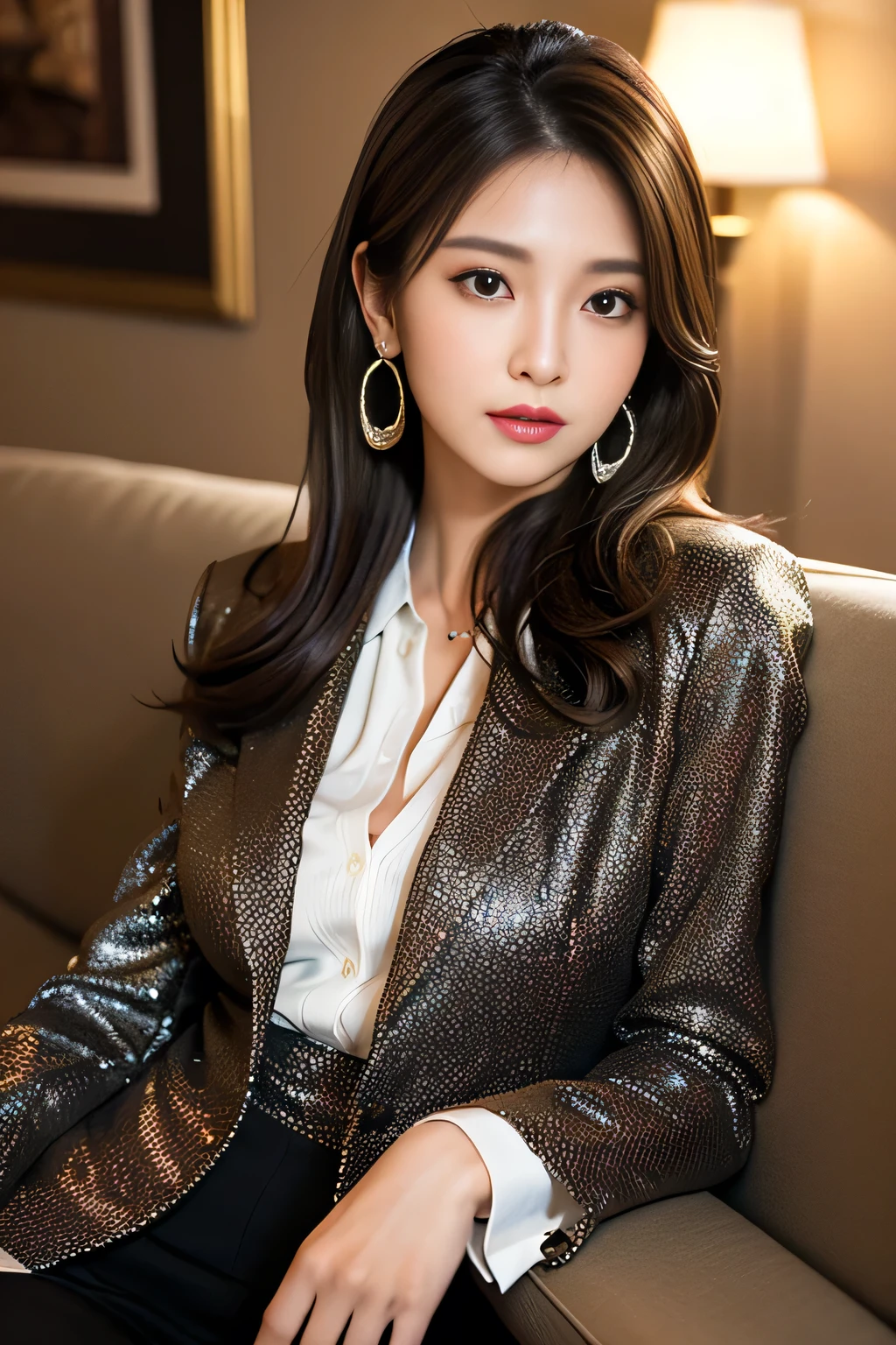 In the spacious bedroom, Model posing sexy, Fair skin，Long hair, Goddess of beauty, Model figure, Visible throughout the body, Sexy, What a nice smile, Medium breasts，beautiful,Leather coat,Leather Skirt, (Show off your beautiful legs) , (Boots:1.2)，necklace，earrings，lens Flare, F/1.8, 135 mm, Canon, UHD, Retina, masterpiece, precise, Anatomically correct, Textured Skin, Super Detail, High Detail, high quality, best quality, High resolution, 1080P, HD, 4K, 8K