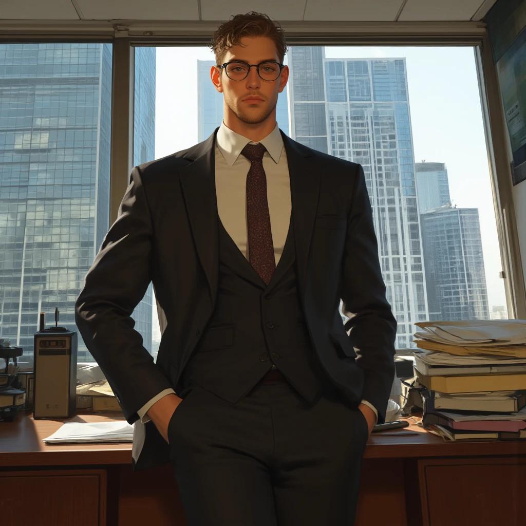 redhead man, very handsome, well combed short hair, marked pectoral, with plain black sweater and tie, in gray dress pants, with the big  outside, , touching , in his office, sitting on his desk, with night light