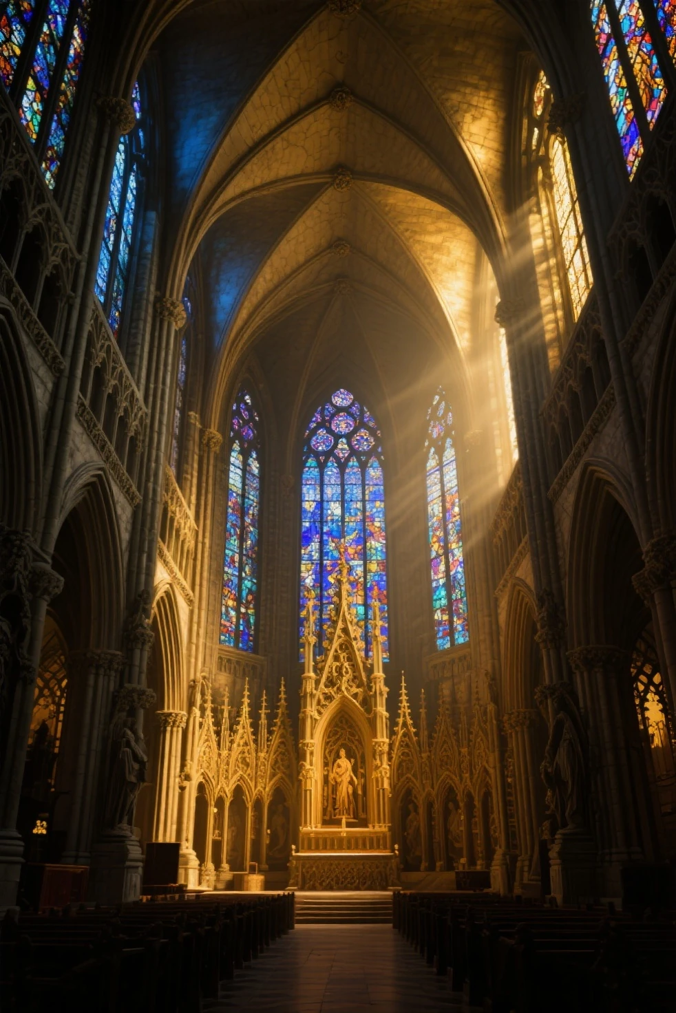 Browsing Caution，masterpiece，Highest quality，8K，20-year-old，Beautiful  woman standing by the window，Curvy Body，Shiny silver straight hair，Brush your hair up with both hands，blue eyes，Underboob，Looking down，Stained glass，The light shines through