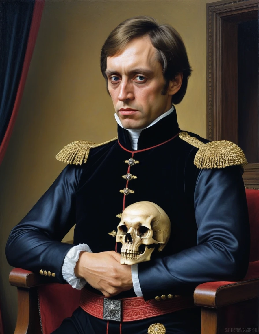 painting, julius caesar emperor of rome, sitting with his hands resting on a table, with no background, with a skull on the table, he observes the skull disillusioned, he is in his iconic clothes and his red cape, renaissance painting