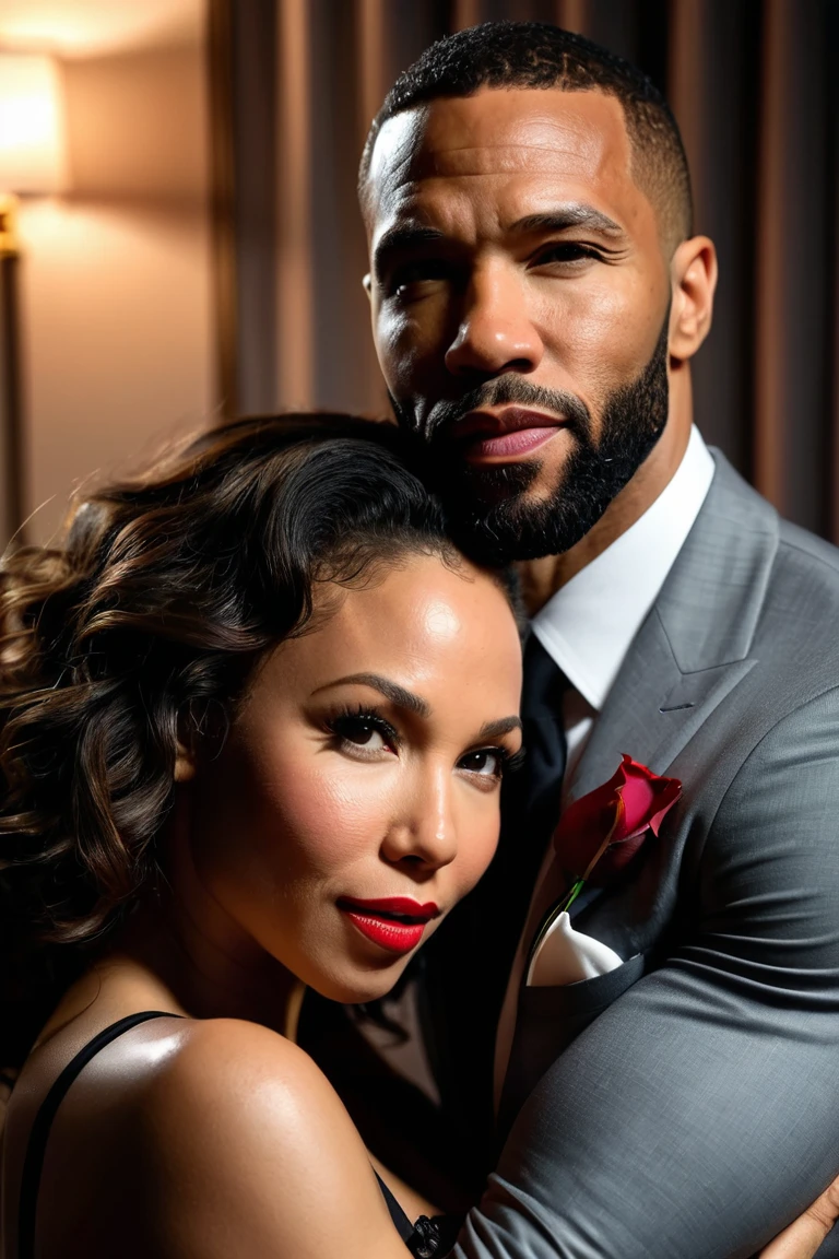 Cheerful background, wedding art, fun background, couple, black woman, slim waist and muscular man, white skin, straight hair