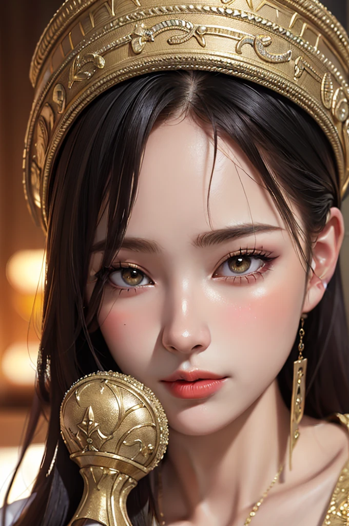 portrait of a beautiful Asian woman, with gorgeous makeup, glossy, 4k, 3D, vibrant color, intricate, elegant, highly detailed, digital painting, smooth, sharp focus, illustration art in the Andrew Gonzalez style