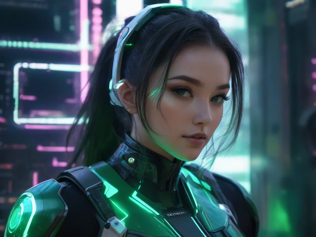 1 woman in the air, skydiving between skyscrapers, sky, night sky, (green eyes, white skin, long black hair, ponytail, choker, small , lipstick, makeup, eyeliner), wearing a neon metalic armor integrated in her skin, metsalic cyber-wings symetrical, (cyberpunk theme), (masterpiece, best quality, 8k, sharp focus, depth of field, best shadows, perfect lights, HDR, realistic skin texture,  ultra-detailed and detailed background),