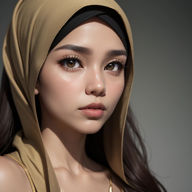 8k, hyper resolution, extremely detailed, A highly detailed, close up 3D rendering of a realistic  chinese young girl and only wearing a hijab with accurate face. She is  and standing confidently showing sexy body, badroom background, drawing attention to its cheerful and elegant appearance. Her skin is smooth, naturally glowing and healthy, and her eyes are bright and expressive. The overall style is a mix of realism and a hint of cartoon features, giving it a lively look. use soft photography lighting