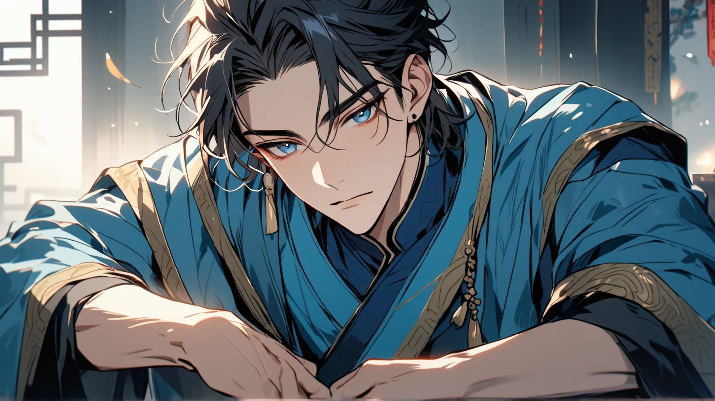 A man alone，There is a halo behind it，sacred，Correct proportions， details，swordsman，Blue robe，Clothing details，transfer，Long sleeve，Game quality，fencing，Ray Tracing，Ray Tracing，Delicate glow，CG Rendering，Hair details，Black long hair，blue eyes，Handsome，Handsome，（The feeling of youth），The costumes are complicated，Perfect composition，Refinement，high quality，More details，Lots of details，Complex background，Sense of atmosphere，