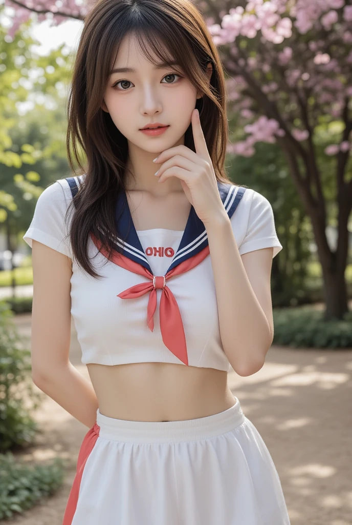Image resolution 8K、masterpiece:1.3)、Beauty、1 female、(魅力的なbody:1.2)、abdomen:1.1、Dark Brown Hair:1.1、(body:1.2)、Ultra-detailed face、Attractive lips、double eyelid、Ultra-realistic and detailed Japanese school girl in a white short-sleeved sailor suit and pink skirt、Japanese women、10th generation(17 years old)、A fantastic landscape with a forest and fog in the background、Smiling with a nice smile、The belly button is visible、