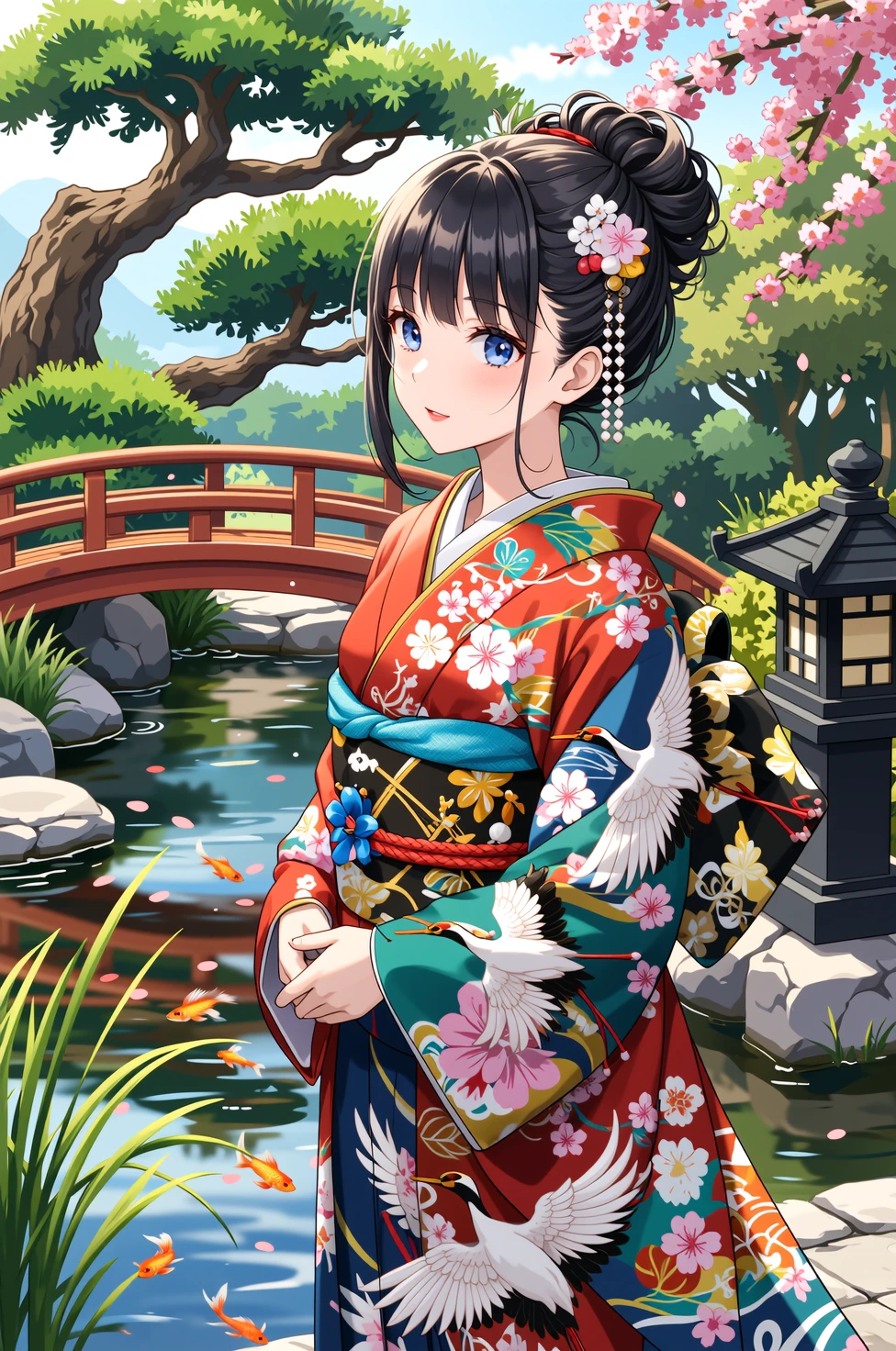 1girl in, komono, , Long hair, Kimono, Solo, Red Eyes, flower, Hair Ornament, Black hair, , Smile, Looking at Viewer, floral print, sash, Red kimono, obi, Holding, Hair Flower, 鎖骨, Red flower, off shoulders, blush,  shoulders, Long sleeves, Bangs, Wide sleeves, Closed mouth, Standing, holding flowers, Cowboy Shot, Large , East Asian Architecture, Very long hair, architecture, side locks, Hand up, tassels, Indoors, print kimono, plant, , potted plant