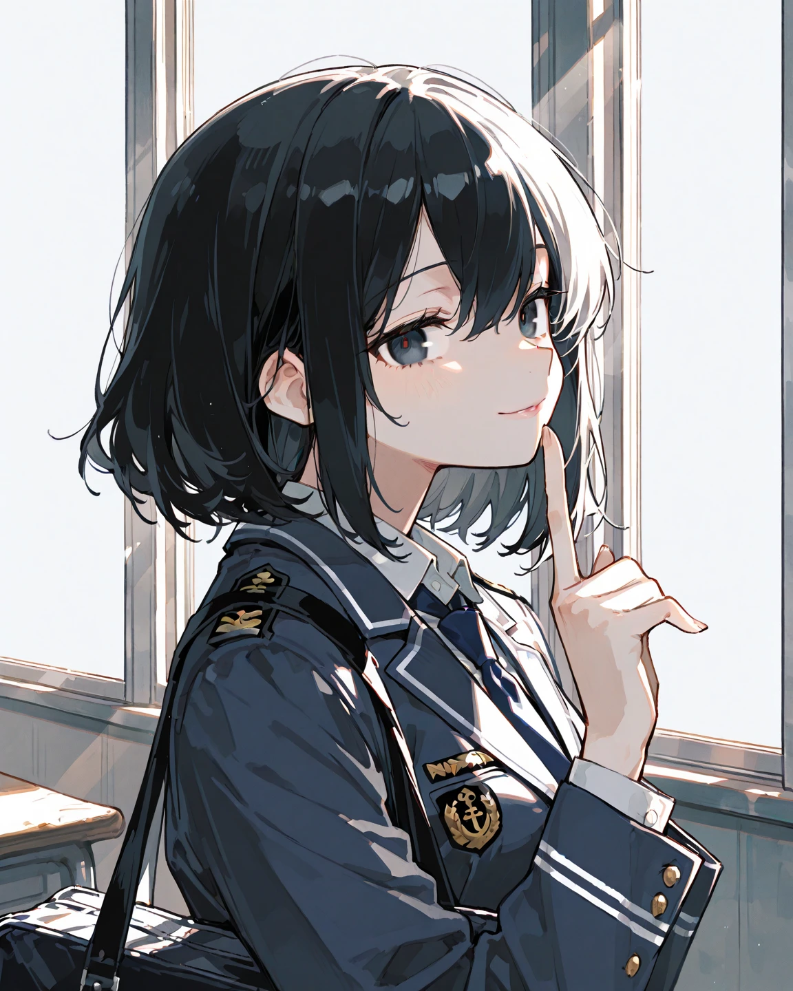 Anime girl with black hair and blue eyes wearing a white shirt - SeaArt AI